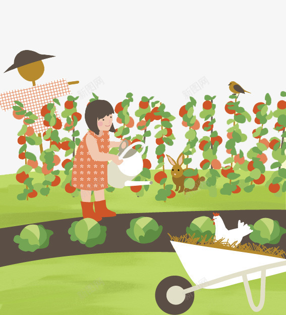 女孩在花园浇水图psd免抠素材_新图网 https://ixintu.com 创意插画 卡通贺卡封面 手绘插画