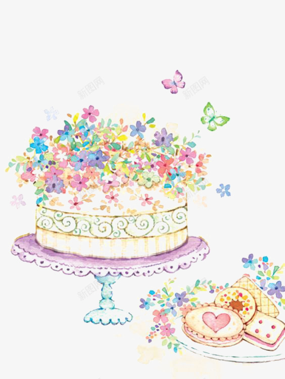 花朵蛋糕png免抠素材_新图网 https://ixintu.com 卡通 手绘 插画 植物 水彩 花束蛋糕 蛋糕 蝴蝶 鲜花