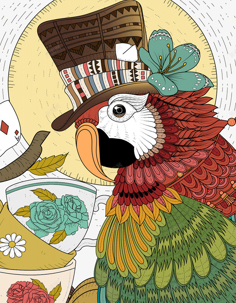 卡通手绘彩色的鹦鹉png免抠素材_新图网 https://ixintu.com 创意 卡通手绘 帽子 彩色的鹦鹉 羽毛 花朵