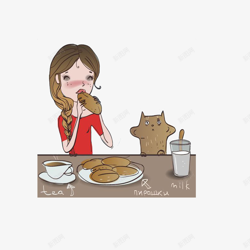 饭桌上吃面包的长辫女孩png免抠素材_新图网 https://ixintu.com 卡通手绘 吃东西美女 饭桌上吃面包的长辫女孩