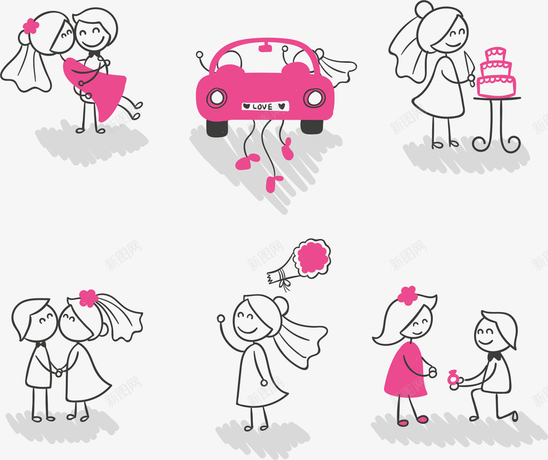 结婚简笔画矢量图ai免抠素材_新图网 https://ixintu.com 卡通 可爱 女孩 婚礼 情侣 男孩 矢量图