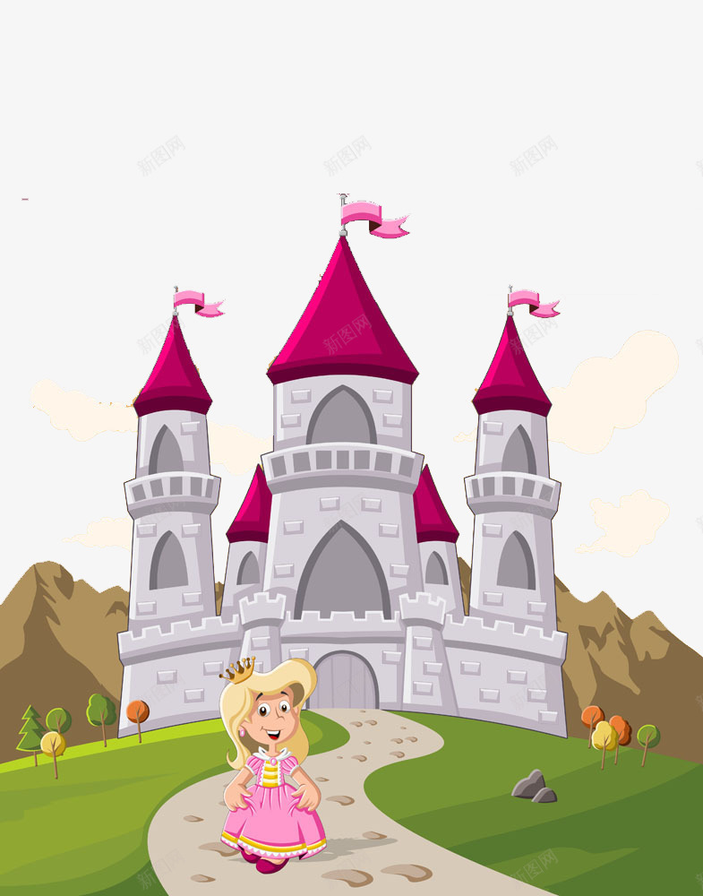 城堡与公主png免抠素材_新图网 https://ixintu.com 公主 卡通 卡通公主 卡通城堡 古城堡 古堡 城堡 山峰 建筑 手绘 西方建筑