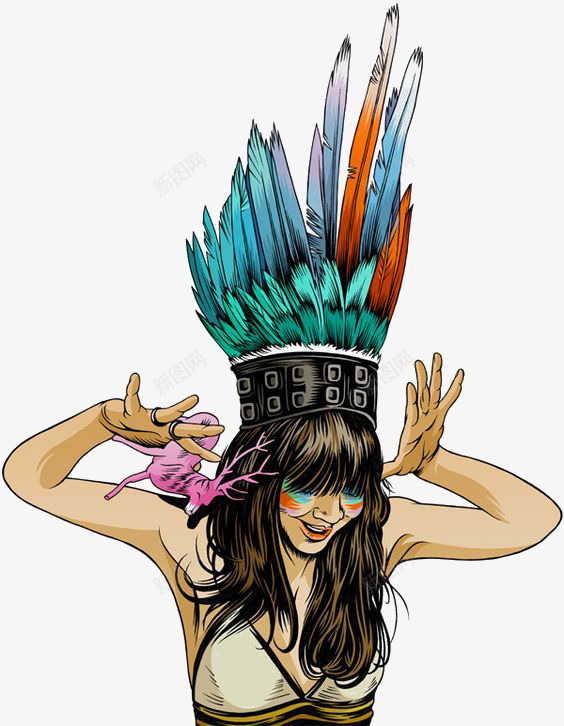印第安女生png免抠素材_新图网 https://ixintu.com 卡通 印第安 原始 女生 手绘 插画 民族风 羽毛帽子