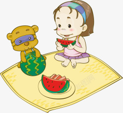 吃西瓜的女孩与小熊矢量图素材