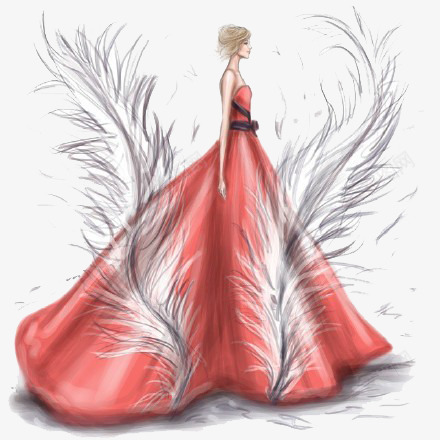 模特png免抠素材_新图网 https://ixintu.com 女孩 女装 手绘 时装 服装设计 红裙 羽毛
