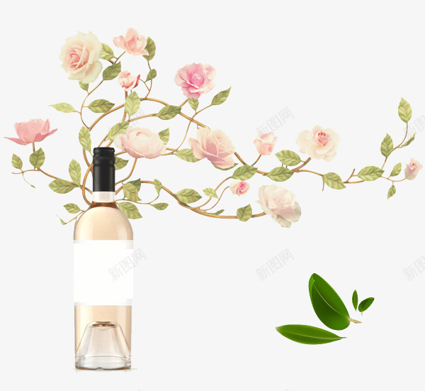 酒和花png免抠素材_新图网 https://ixintu.com 手绘 玫瑰花 粉色 绿叶 藤蔓 酒瓶