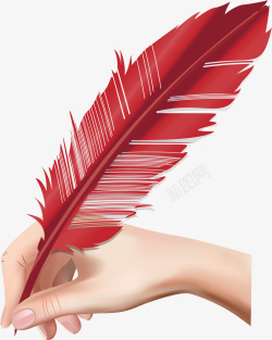 精美羽毛手里拿着红色羽毛笔高清图片