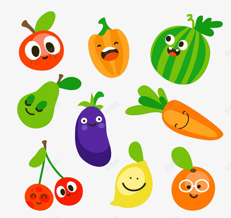 9款可爱蔬菜水果png免抠素材_新图网 https://ixintu.com 卡通 可爱的 茄子 西瓜