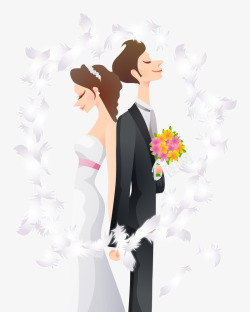 浓情蜜意新婚背靠背的新郎新娘高清图片