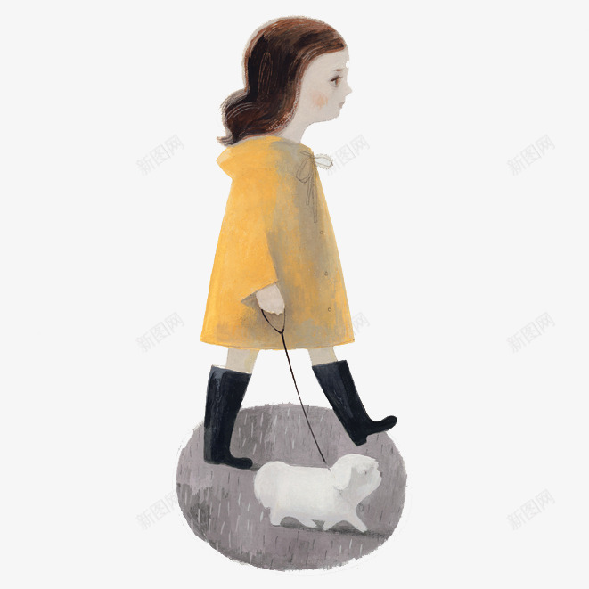 欠着小狗散步的女孩png免抠素材_新图网 https://ixintu.com 创意设计 卡片封面 手绘插画