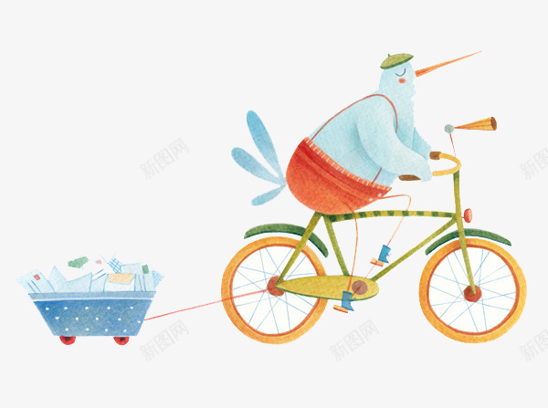 骑自行车送信的鸽子psd免抠素材_新图网 https://ixintu.com 创意设计 卡片封面 手绘插画
