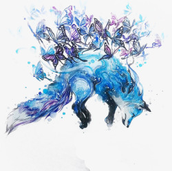 背上背上长蝴蝶的蓝色狐狸高清图片