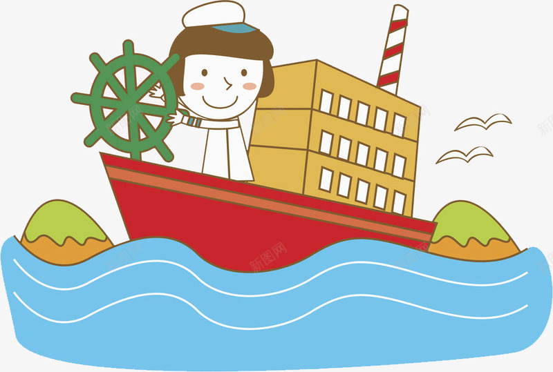 开轮船的男孩png免抠素材_新图网 https://ixintu.com 卡通 大海 封面 彩色手绘 插图 男孩 素描船舵 船舵 轮船