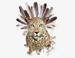 创意手绘骷颅头羽毛与猎豹高清图片