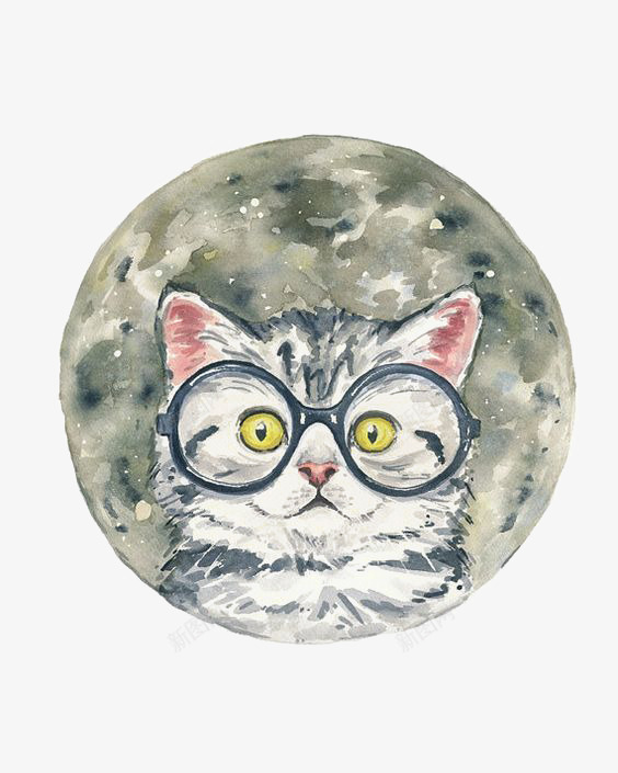 猫咪圆形LOGO图标png_新图网 https://ixintu.com 动物 卡通 圆形标志 手绘 月球 黑框眼镜