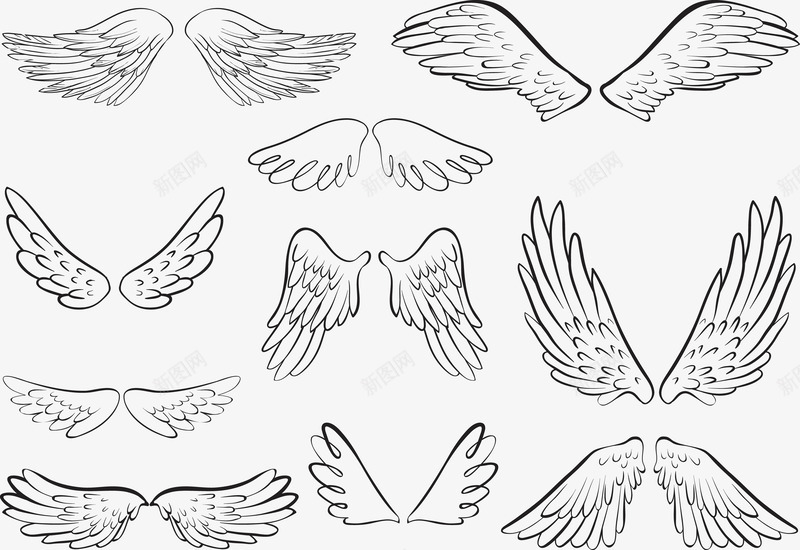 手绘翅膀png免抠素材_新图网 https://ixintu.com 创意 卡通 手绘 特色 素描 羽毛 翅膀 集合