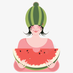 卡通戴西瓜帽的美女吃西瓜素材