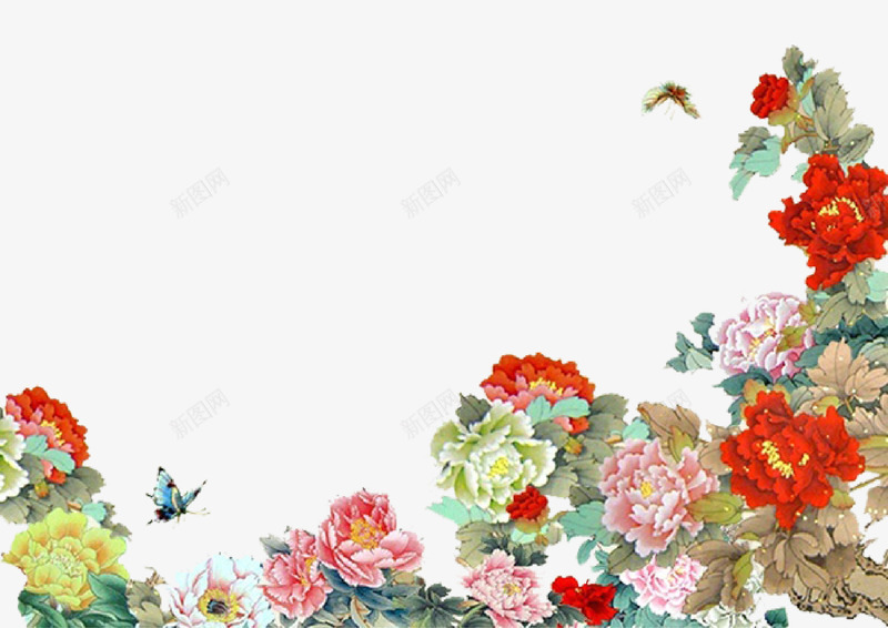 中国风国画png免抠素材_新图网 https://ixintu.com 植物 牡丹 矢量素材 花卉 蝴蝶