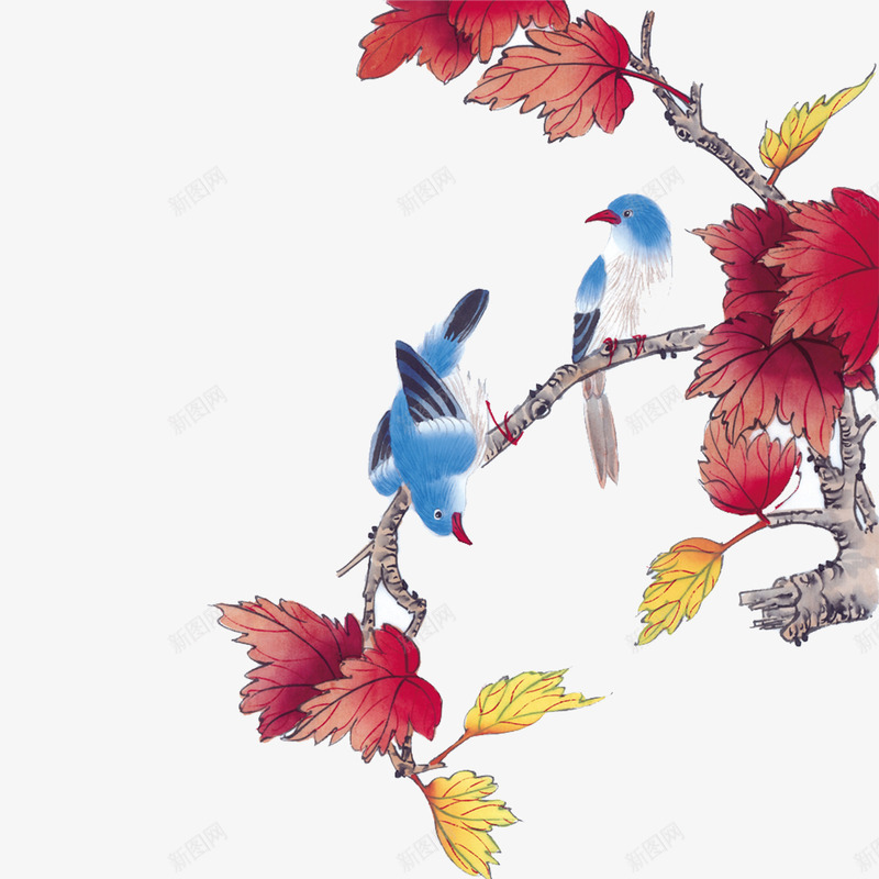 鸟在枝头png免抠素材_新图网 https://ixintu.com 中国风 小鸟 树枝 红叶 蓝色羽毛 鸟在枝头
