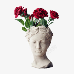 大卫雕塑头像雕像上的红玫瑰高清图片