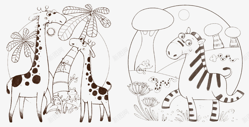 线稿长颈鹿和斑马png免抠素材_新图网 https://ixintu.com 创意插画设计 卡通贺卡封面 手绘插画