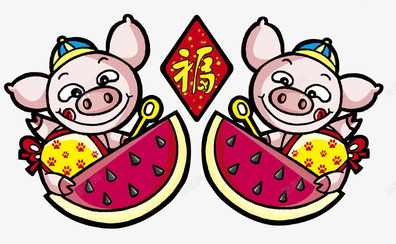 卡通猪吃西瓜png免抠素材_新图网 https://ixintu.com 免抠猪 卡通 小猪送福 猪吃西瓜