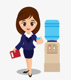 卡通扁平化职业女性饮水机旁喝水素材