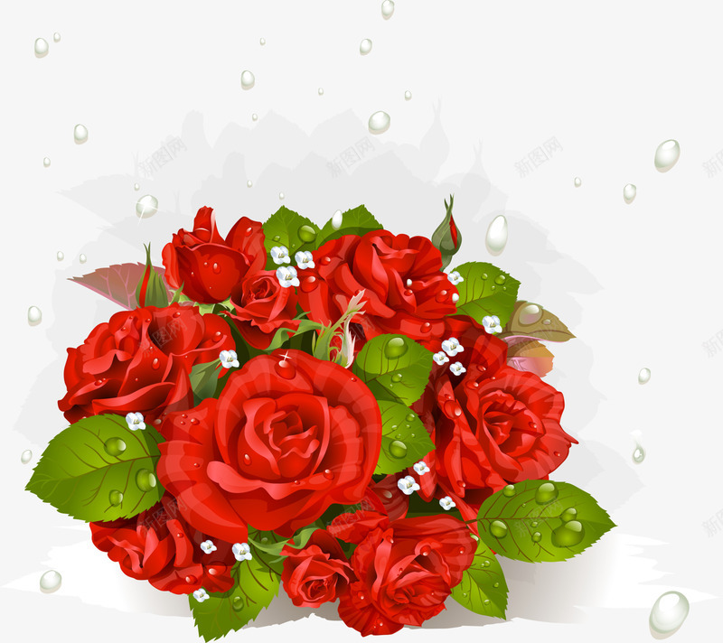 红色玫瑰花束png免抠素材_新图网 https://ixintu.com 免抠PNG 水滴 玫瑰 红色 美丽 花束 装饰图案 鲜花