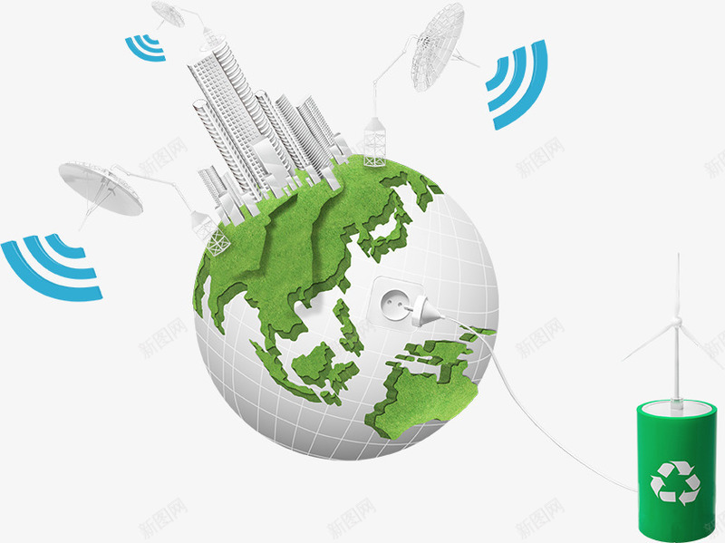 地球上的高楼psd免抠素材_新图网 https://ixintu.com 信号 地球 环保 箭头 绿色能源 高楼