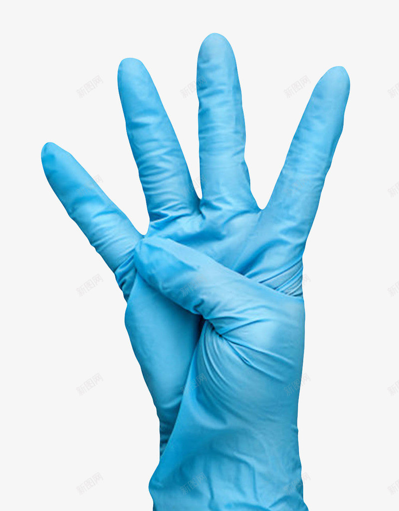 戴着蓝色手套做着四的手势png免抠素材_新图网 https://ixintu.com 保护 卫生 塑料 塑胶手套 安全 工艺 手势 手套 材料 材质 橡胶 绝缘 褶皱