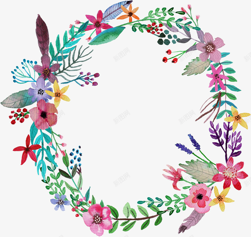 手绘花环png免抠素材_新图网 https://ixintu.com 叶子 手绘 羽毛 花朵 花环