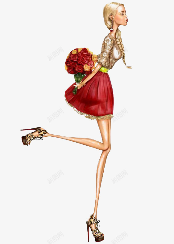 拿着花的女生png免抠素材_新图网 https://ixintu.com 卡通 女生 手绘 插画 欧美 玫瑰花 花束
