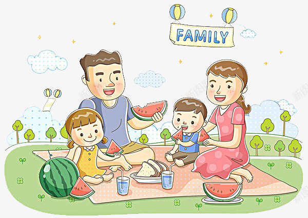 全家去野餐png免抠素材_新图网 https://ixintu.com 全家 卡通 卡通family 西瓜 野餐