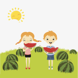 卡通吃西瓜的孩童插图夏日草地上吃西瓜的孩子高清图片