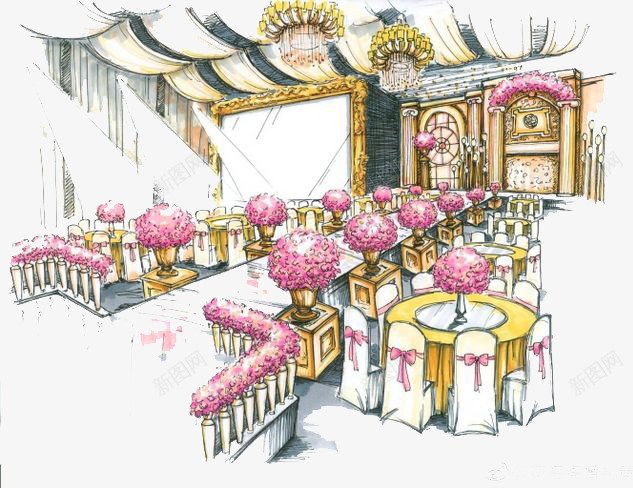 婚礼场地png免抠素材_新图网 https://ixintu.com 卡通 婚礼场地 手绘 水彩 粉色鲜花 装饰 马克笔