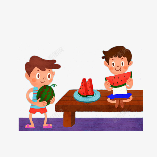 卡通两个小朋友吃西瓜png免抠素材_新图网 https://ixintu.com 两个大西瓜 卡通 卡通小朋友 吃西瓜 夏天 夏日 西瓜 西瓜片 西瓜籽