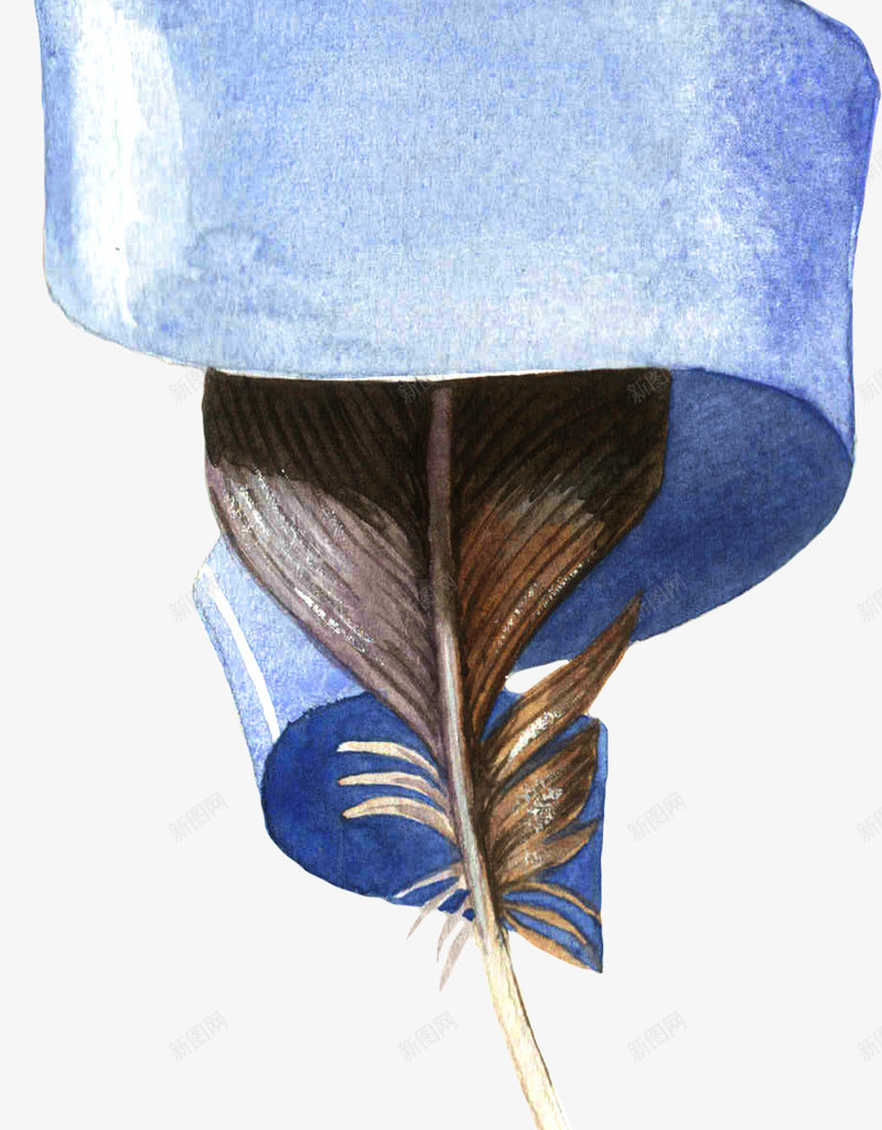 羽毛和飘带png免抠素材_新图网 https://ixintu.com 一根 卡通 手绘 旋转 棕色 羽毛 蓝色 飘带