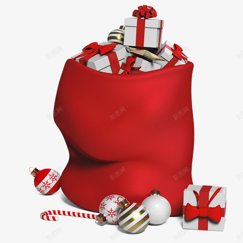 圣诞礼物袋图png免抠素材_新图网 https://ixintu.com 卡通礼盒 卡通装饰 圣诞节 红色袋子 装饰球 西方节日