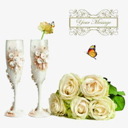 朵绿叶白玫瑰和酒杯高清图片