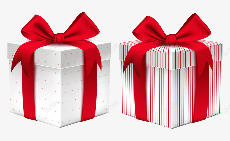 手绘立体白色红色礼物盒png免抠素材_新图网 https://ixintu.com 白色点点礼物盒 矩形盒子 红白相间礼物盒 红色蝴蝶结礼物盒
