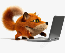 玩电脑的卡通狐狸素材
