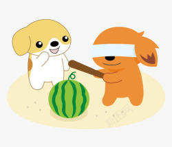木棒卡通打西瓜的小狗图高清图片