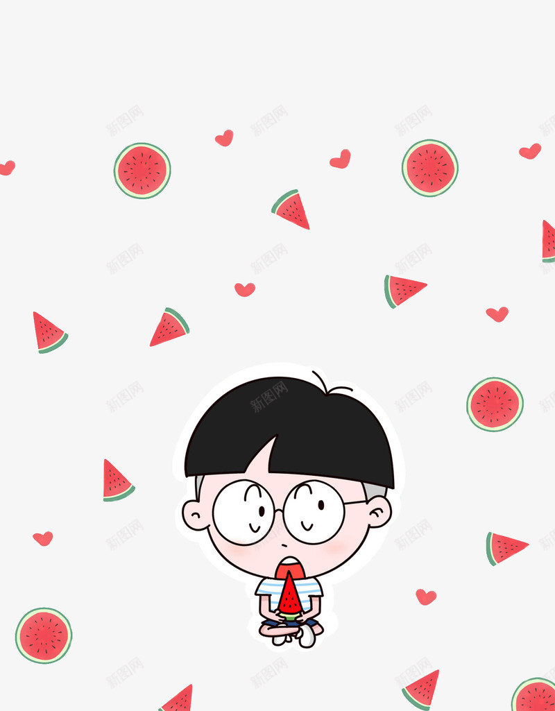 吃西瓜的男孩psd免抠素材_新图网 https://ixintu.com 卡通 男孩 红色 西瓜