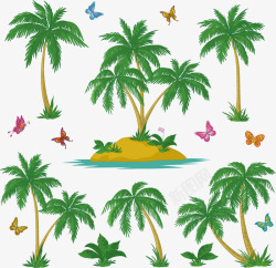 矢量卡通椰树叶椰子蝴蝶飞舞椰树高清图片