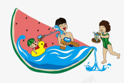 三口度假夏日西瓜戏水休闲度假活动高清图片