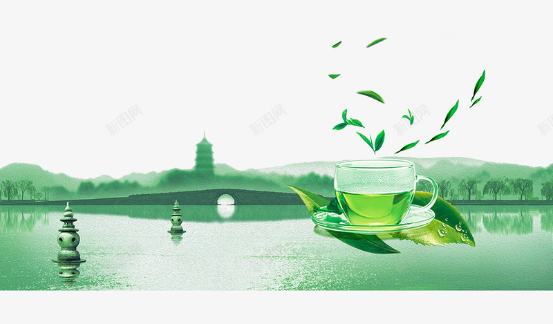 西湖风景png免抠素材_新图网 https://ixintu.com 卡通 叶子 手绘 杯子 绿色 茶具 西湖