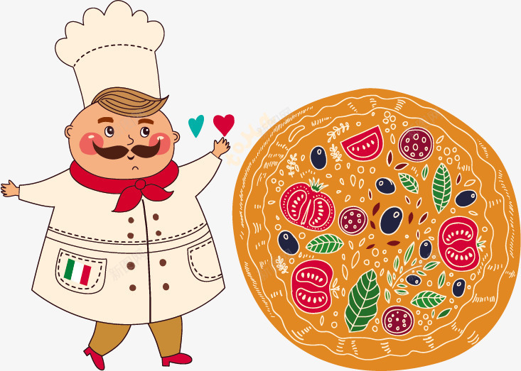 厨师和披萨png免抠素材_新图网 https://ixintu.com 卡通手绘 厨师 彩色卡通 意大利厨师 披萨 美食 西餐
