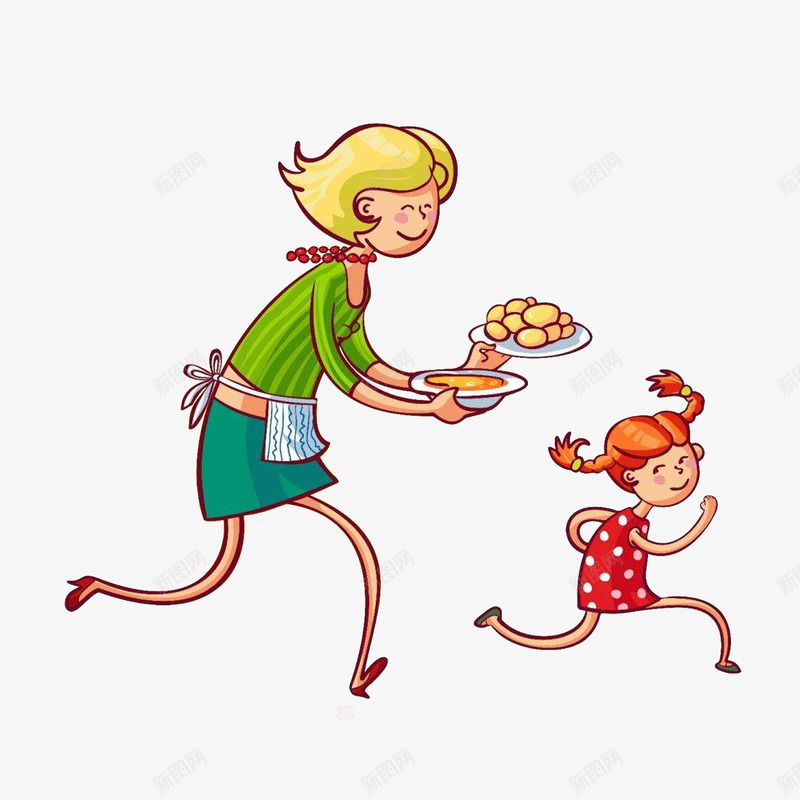 卡通跑着上菜的厨娘和小女孩psd免抠素材_新图网 https://ixintu.com 卡通厨娘 大长腿 手托东西 跑着的人 馋嘴小女孩