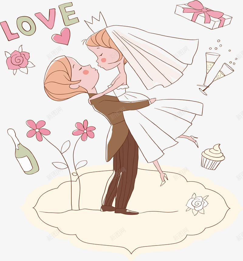 粉色婚礼插画爱情树png免抠素材_新图网 https://ixintu.com 亲吻 婚庆 玫瑰 白色 粉色 蛋糕 香槟