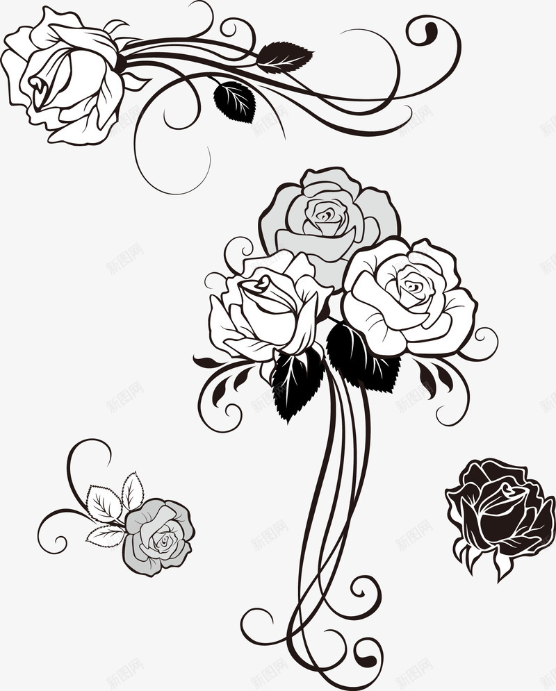 玫瑰花装饰png免抠素材_新图网 https://ixintu.com 玫瑰纹身 玫瑰花 线条 花 装饰 黑白